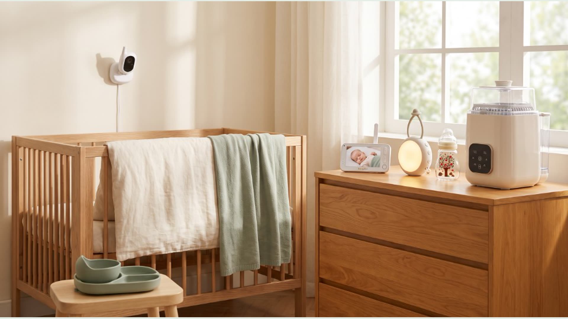 Calm Boopkin nursery with crib, dresser, and everyday essentials in context